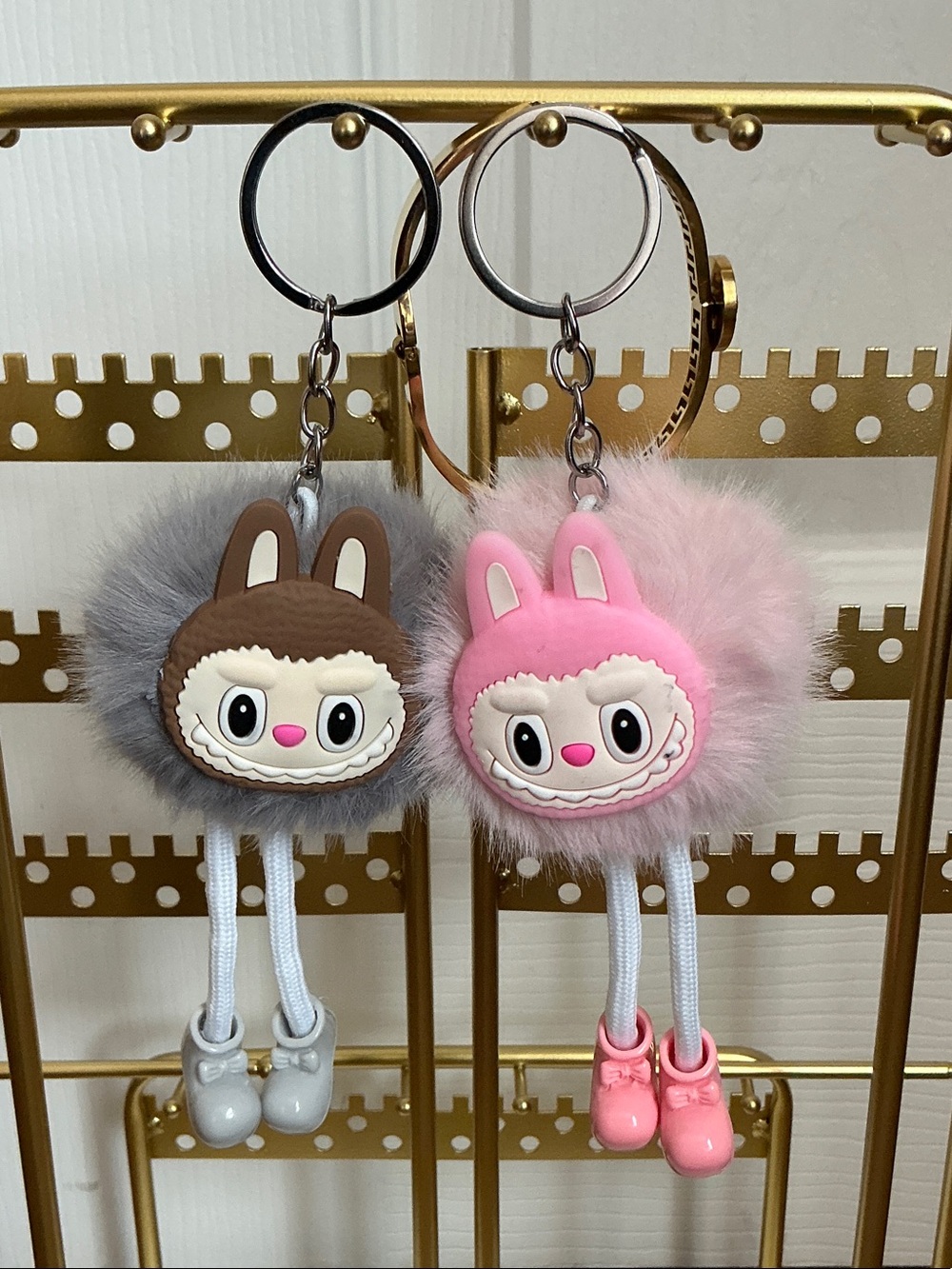 Cute Monsters Pom-Pom Keychain Plush Charm - Pink & Gray (2) Pieces